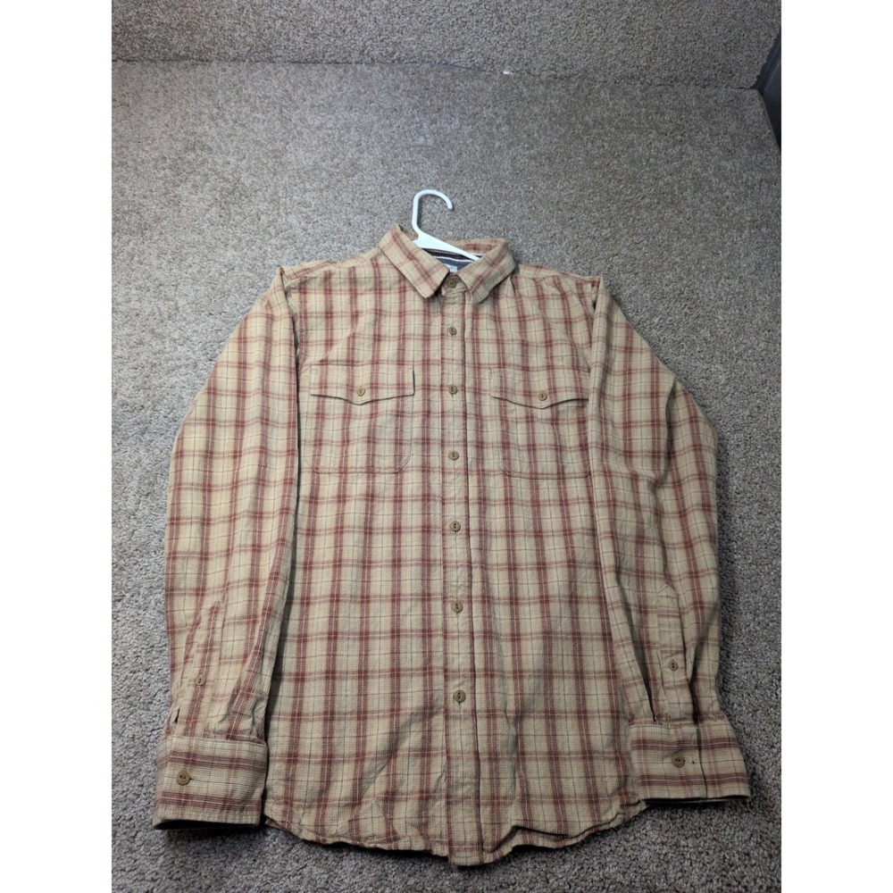 Sun + Stone Mens Plaid Button Down Shirt Brown Tan 100% Cotton M FA23 100171590
